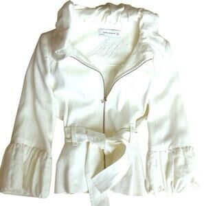 Zara White Linen Jacket Large Ruffle Collar And Cuff Tie Belt Fitted Statement